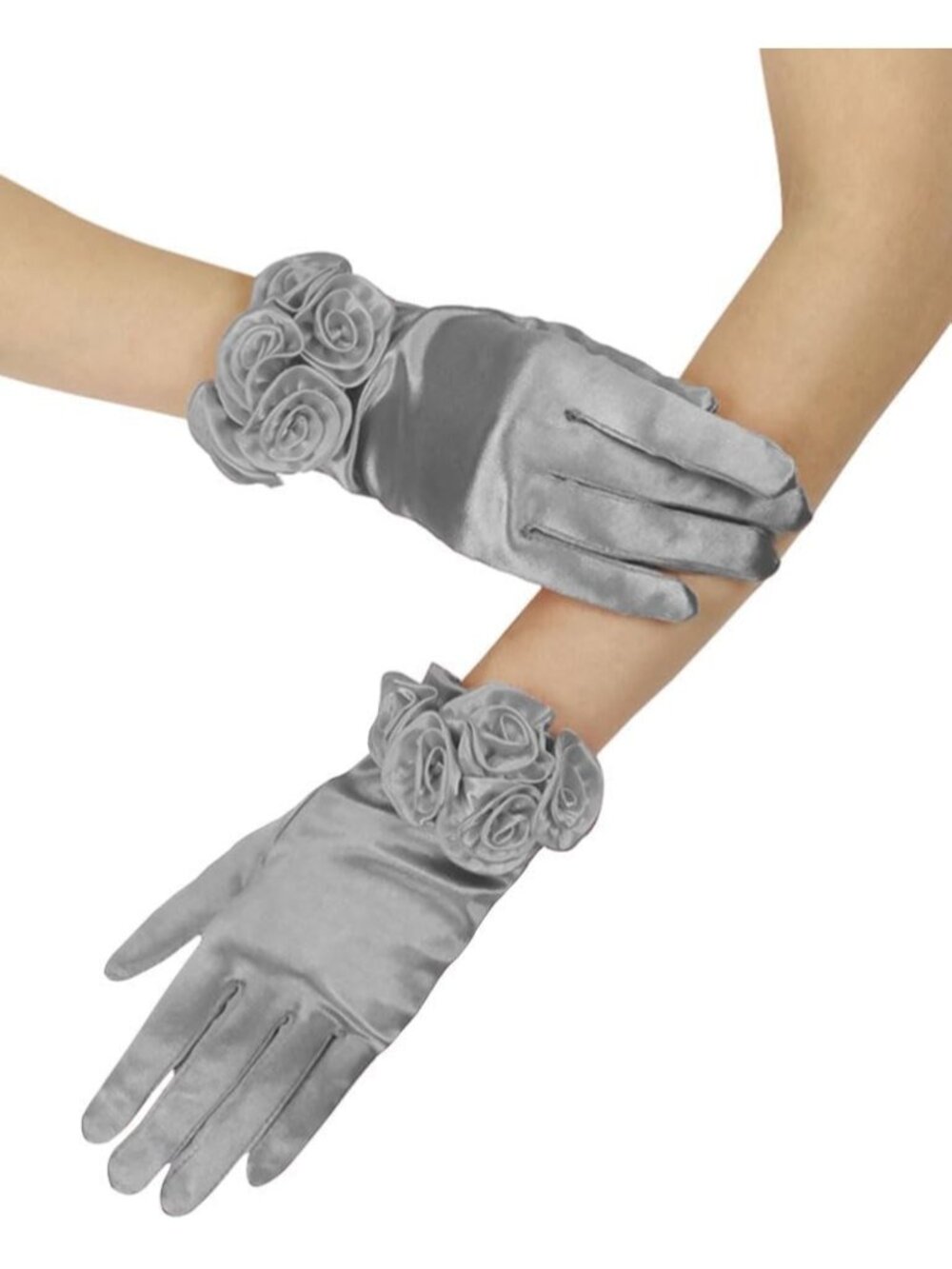 Women's Silver Short Satin Floral Wedding Dress Opera Gloves Party Accessories